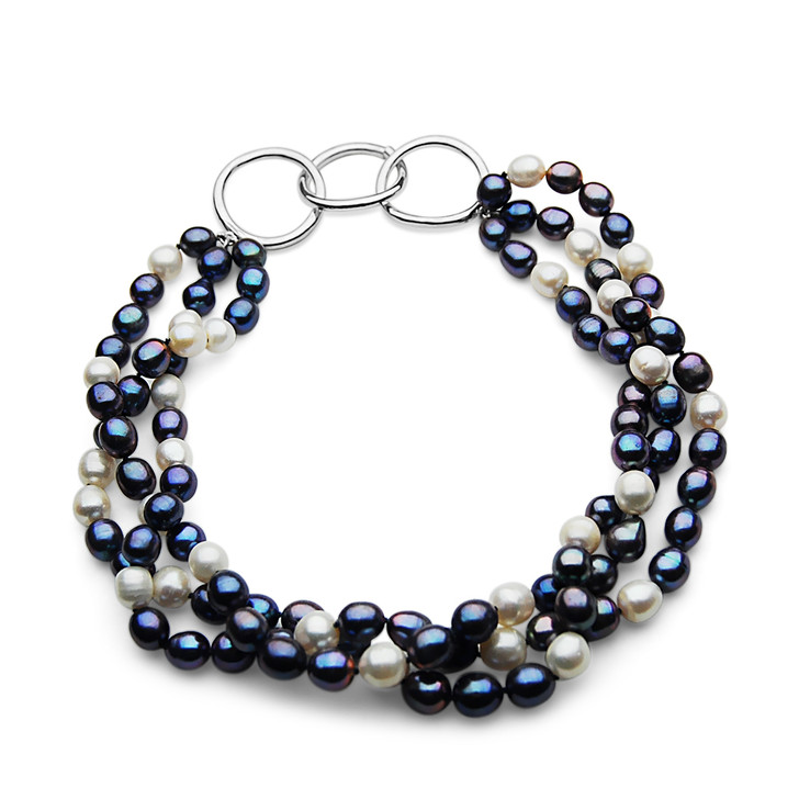 FN063 ( Three Strands 9-11mm AAA White And Black Drop Freshwater Cultured Pearl Necklace With Large Silver Clasp )