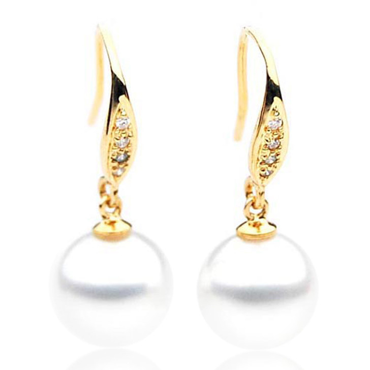 SE034-1  (AAA 9.8-10 mm Australian South Sea Pearl Earrings Diamonds 18k Yellow Gold)