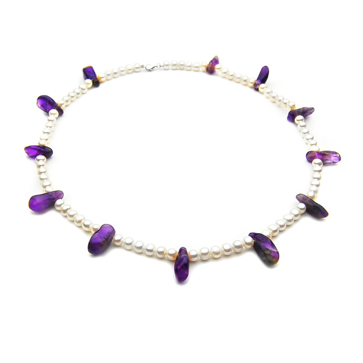 FN06S ( 5 mm AAA Quality White Freshwater Cultured Pearl Necklace And Natural Purple Crystal With White Gold Clasp )