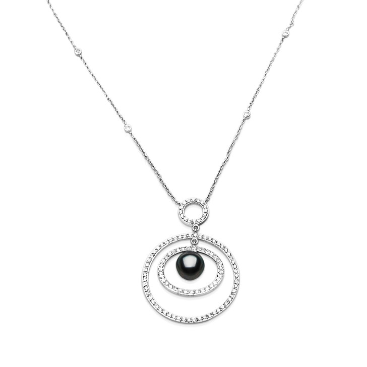TP01cz ( Luxury Design Necklace W/ Large Pendant, Tahitian Black Pearl And Cubic Zirconia In 18K White Gold Plated On Silver Necklace )