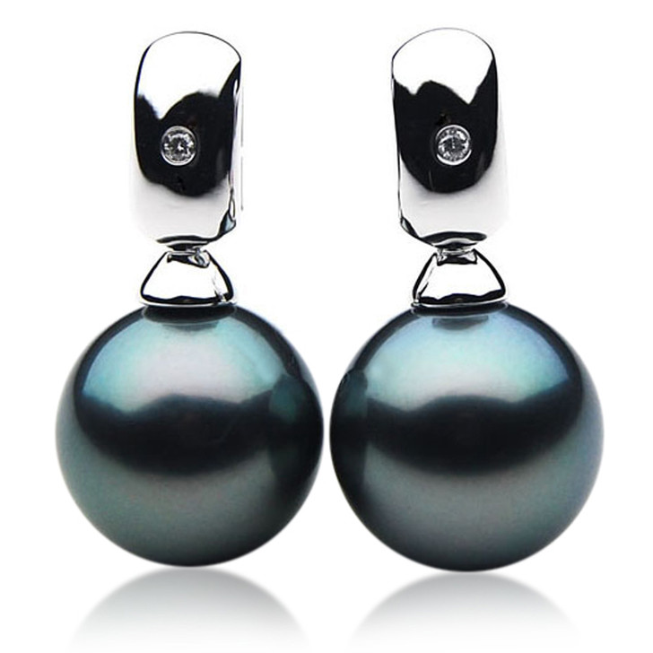 TE021 (AAA 11mm Tahitian Black Pearls Earrings Diamonds Heavy 18k White Gold )