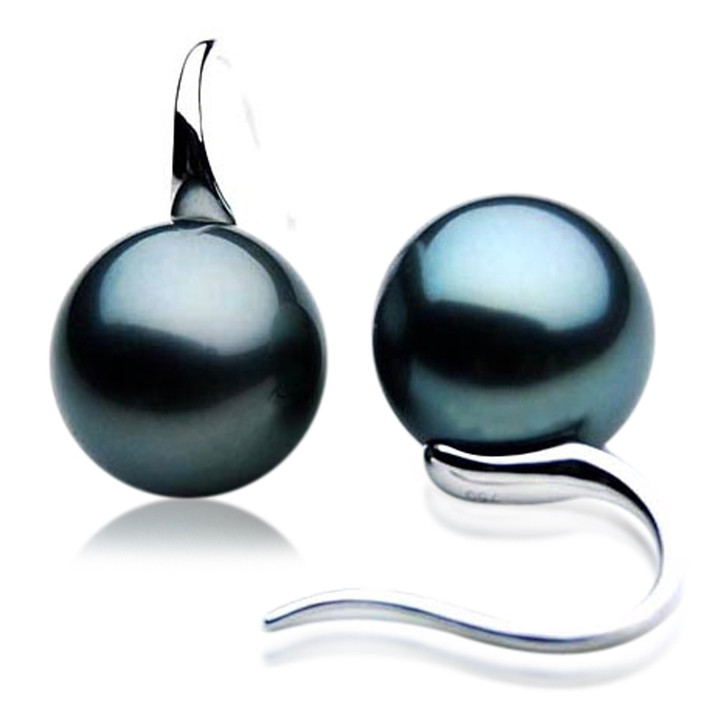 TE075 (AAA 13mm Tahitian Black Pearl Earrings In 18k White Gold )