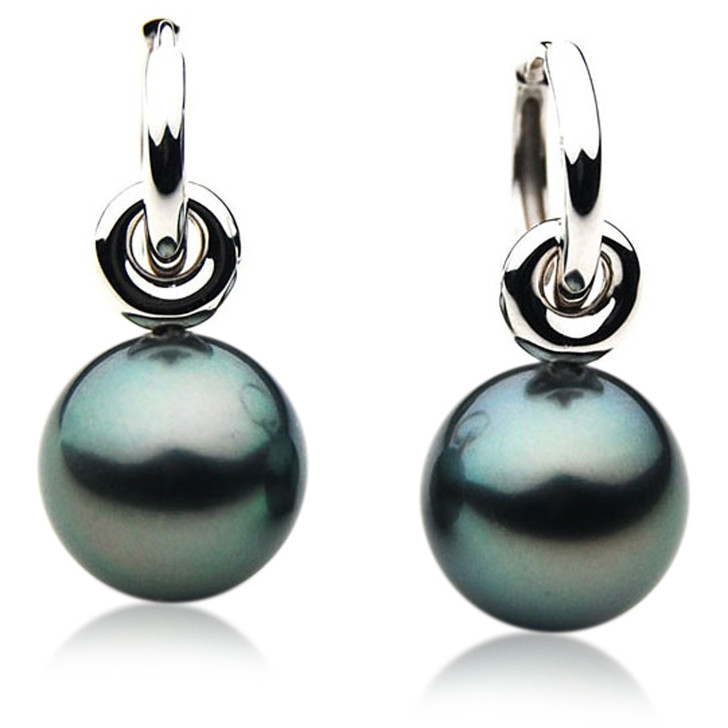 TE085 (AAA 13mm Tahitian Black Pearl Earrings In Heavy 18k White Gold )