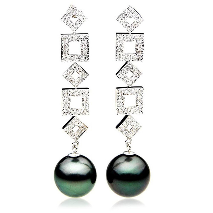 TE109 (AAA 13mm Tahitian Black Pearl  Diamond  Very Heavy 18k White Gold , Extra Long Luxury Tahitian Black Pearl Earrings )