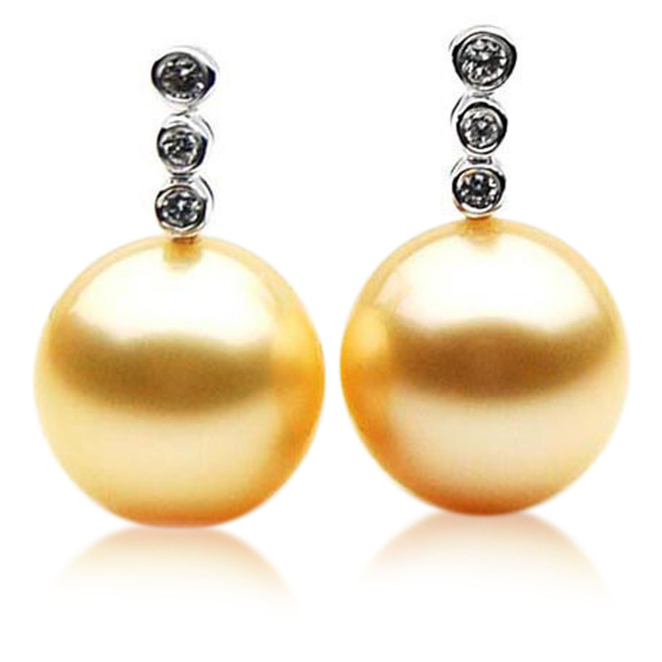 GE053 (AAA 12mm Australian Golden South Sea Pearl Earrings Diamond )