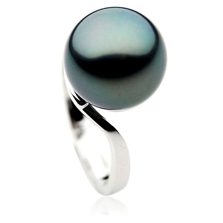 TR017 (AAA 12mm  Tahitian Black pearl Ring In Heavy 18k White Gold)