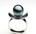 TR078 (AA+ 11mm Tahitian Black pearl Ring In Heavy Silver)