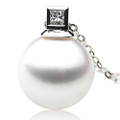 SP035 (AAA 12mm Australian South Sea Pearl Pendant In Heavy 18k White Gold With A Princess Cut 0.05ct Diamond)