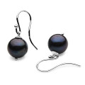 FE04P  (AAA 12mm Black Freshwater Cultured Pearl Earrings Hooks in Silver with 18k White Gold Points )