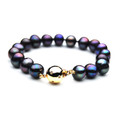 FB06L ( Large Size 9-10 mm AA Quality Black Freshwater Cultured Pearl bracelet with 18k Gold Plated On Silver Clasp With CZ Stones )