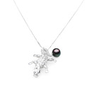 TP02cz ( Luxury Design Necklace W/ Lizard Pendant, Tahitian Black Pearl And Cubic Zirconia In 18K White Gold Plated On Silver Necklace)