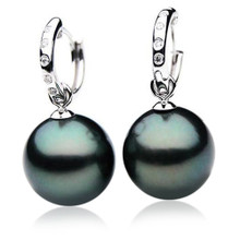 TE023 (AAA 11mm Tahitian Black Pearl Earrings Diamonds 18k White Gold ...