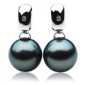 TE101 (AAA 13mm Tahitian Black Pearl Earrings Diamonds Heavy 18k White Gold )