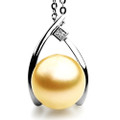 GP042a (AAA 12 mm Australian Golden South Sea Pearl Pendant In Heavy 18k White Gold With A Princess Cut 0.05ct Diamond)