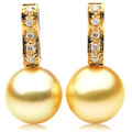 GE090 (AAA 13mm Australian Golden South Sea Pearl Earrings and Diamond)