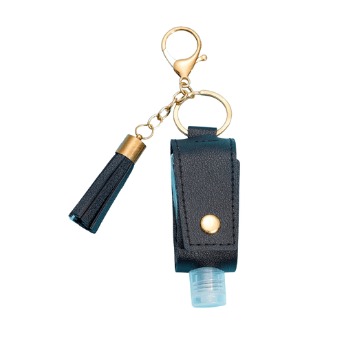 Hand Sanitiser Bottle Keychain - Black comes equipped with a refillable bottle designed for hand sanitiser, ensuring you always have cleanliness at your fingertips.