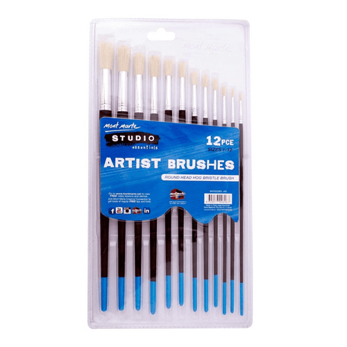 Mont Marte - Round Head Brushes 12 Pack offer fantastic value for beginner artists. The round tips are ideal for line work, controlled strokes & details.