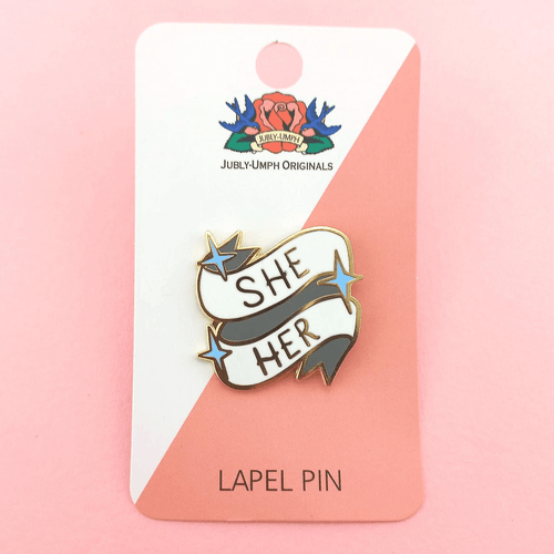 Whether you identify as trans, embrace gender diversity, are non-binary, or stand as an ally, these Jubly-Umph - She/Her Pronoun Lapel Pins are for anyone to showcase their pronouns.