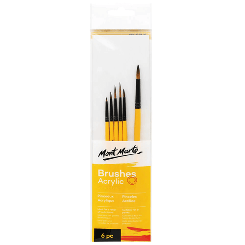Mont Marte - Acrylic Brush Set of 6 is a beautiful taklon brush set with wooden handles and black ferrules for use with acrylic paint.