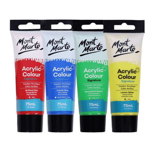 Mont Marte - Acrylic Colour Signature 75ml paints features a smooth and creamy texture and can be used on most surfaces including canvas, cardboard and leather.