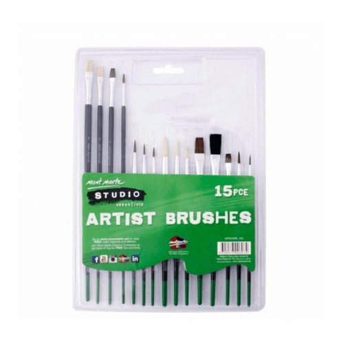 Mont Marte - Artist Brushes 15 Pack consists of natural bristles in a great range of sizes and shapes. A fantastic introductory set and the shorter length handle is easy to hold.