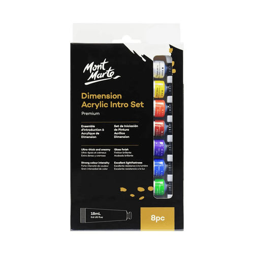 Mont Marte - Dimension Acrylic Intro Set 8 Pack is a high viscosity, fine art paint that offers artists a new dimension in painting. A vivid colours which dry to a radiant gloss finish.
