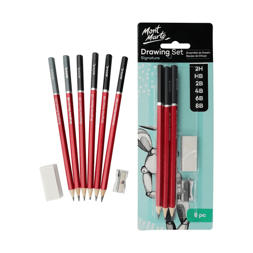 This high quality Mont Marte - Drawing Set 8 Piece contains six grades of graphite pencils, an eraser and a metal sharpener.