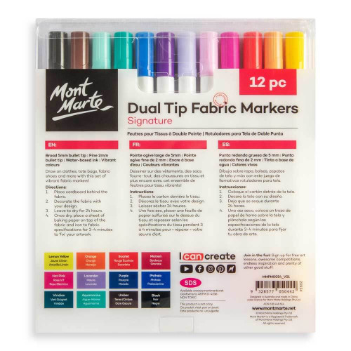 Create your own masterpiece on fabric with Mont Marte - Dual Tip Fabric Markers 12 Pack. This set comes with 12 eye-catching and vibrant colours!