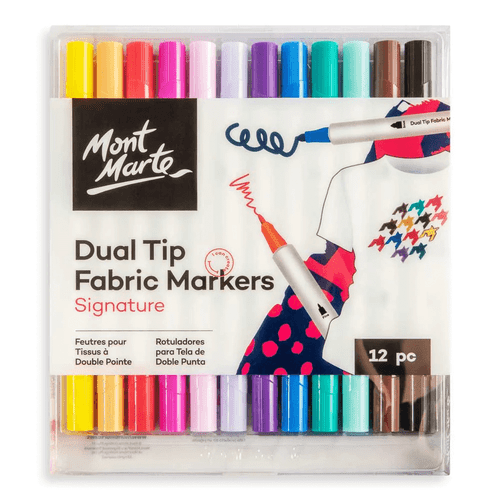 Create your own masterpiece on fabric with Mont Marte - Dual Tip Fabric Markers 12 Pack. This set comes with 12 eye-catching and vibrant colours!