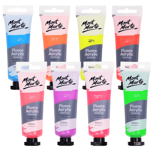 Let there be glow! Add luminescent colours to your art and craft projects with Mont Marte - Fluoro Acrylic Premium 50ml.
