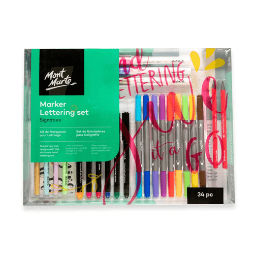 Mont Marte - Marker Lettering Set 34 pack has a range of markers & pens that are perfect for creating fine or bold lines, sweeping strokes & special effects.