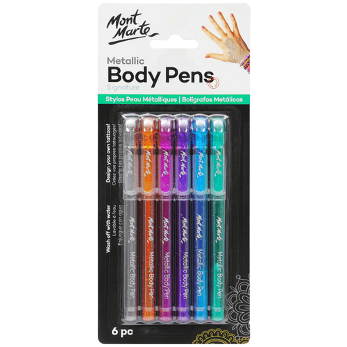 Create your own temporary tattoos & shimmering designs with Mont Marte - Metallic Body Pens 6 Pack. When you're ready to clean up, simply wash it off with water