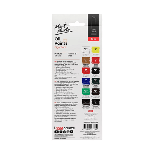 Mont Marte - Oil Paints 12 Pack comes with a range of warm and cool colours that feature high quality pigments and a beautiful, smooth consistency.