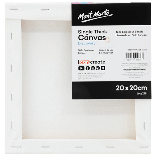 Mont Marte - Single Thick Canvas 20 x 20cm suits a variety of paints, including acrylic, oil, watercolour, gouache and more.
