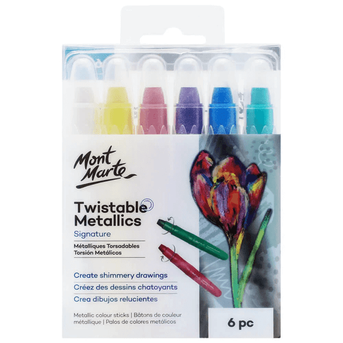 Add some shimmer & sparkle with Mont Marte - Twistable Metallics 6 Pack. These gel sticks create thick strokes, making them ideal for colouring large surfaces.