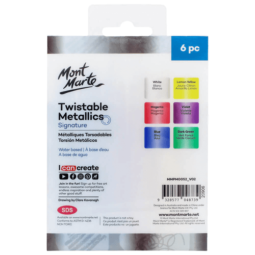 Add some shimmer & sparkle with Mont Marte - Twistable Metallics 6 Pack. These gel sticks create thick strokes, making them ideal for colouring large surfaces.