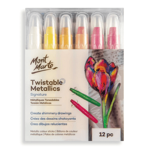 Add some shimmer & sparkle with Mont Marte - Twistable Metallics 12 Pack. These gel sticks create thick strokes, making them ideal for colouring large surfaces.