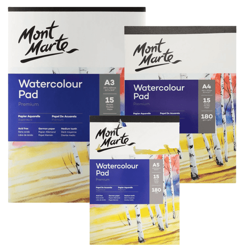 Mont Marte - Watercolour Pad Premium has 15 sheets of 180gsm, acid free, German paper with medium tooth textured paper.