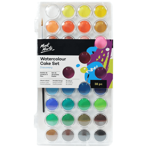 Mont Marte - Watercolour Cake Set 38 Piece includes a nylon brush and 36 vibrant shades spanning the colour wheel, an essential addition to your art materials.