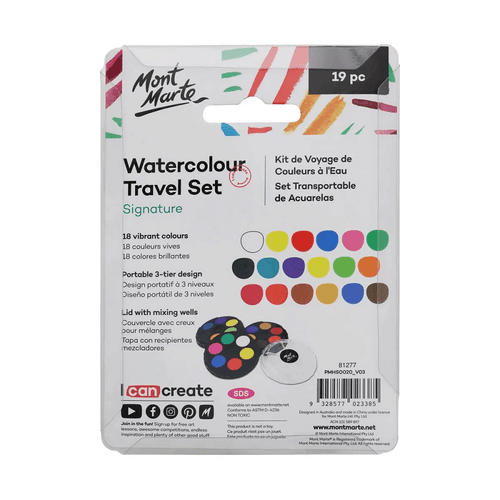 This handy little Mont Marte - Watercolour Travel Set includes three twist-together layers of long-lasting watercolour discs and a clear plastic lid/palette.