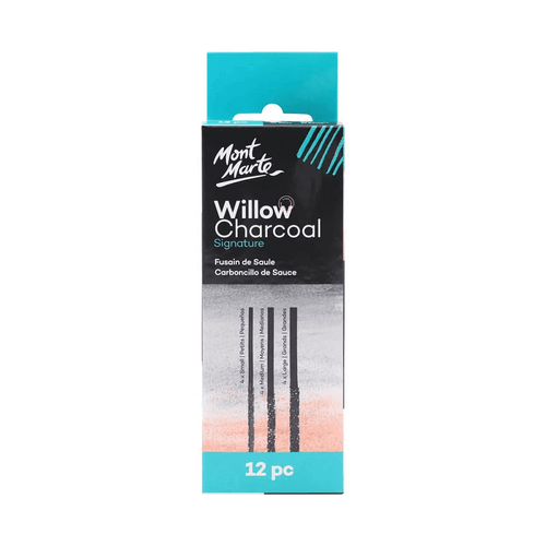 Mont Marte - Willow Charcoal 12 pack contains 4 sticks of small, medium and large diameter width Charcoal. Suitable for all levels of artistic levels.