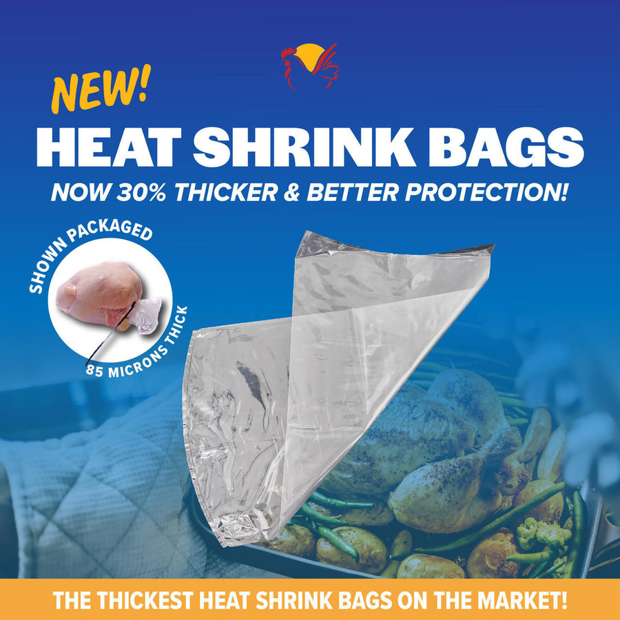 Poultry Heat Shrink Bags, 85 Micron (3.4 Mil), 10" x 18" with Poultry Processing Labels and Zip Ties, 100 Pack