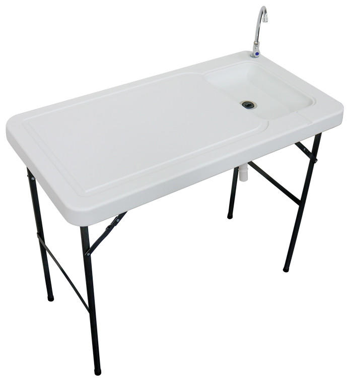 collapsible fish cleaning table Allpop with 2 Sinks, 42.5'' Portable Folding Camping Fish Station with Extanded Stand, Grid Rack, Faucet, Drainage Hose, Sprayer, Storage Box, Drawer & Grooves for Picnic, White This table features a metal faucet and spray nozzle for powerful cleaning HONEY JOY Folding White Metal