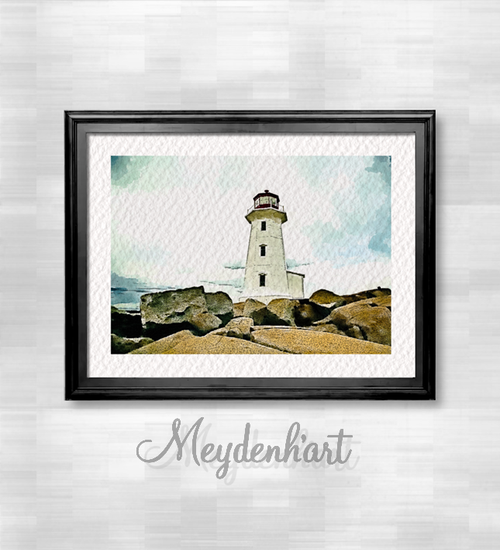 Digital art print, Lighthouse and rocks