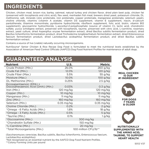NutriSource® Chicken & Rice Senior Dry Dog Food - Essex County Co-Op - Senior Dog Food With Joint Support Ingredients
