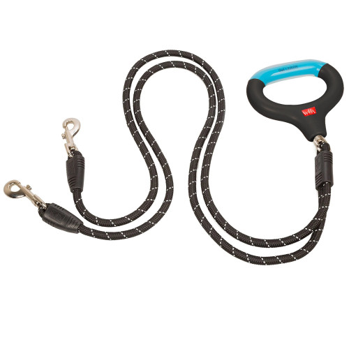 Wigzi Dual Doggie Reflective Rope Gel Handle Leash Black with Blue - md/lg