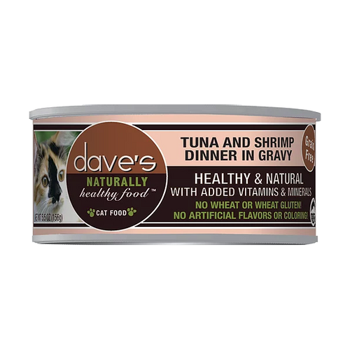 Dave’s Naturally Healthy Grain Free Can Cat Food Tuna & Shrimp Dinner In Gravy