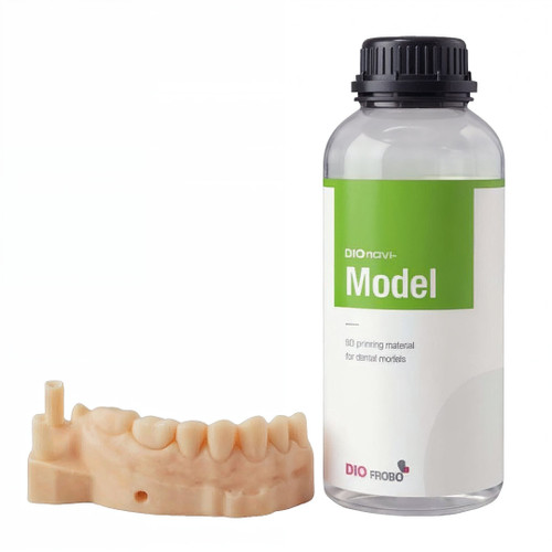 The Model03 (Model Material) (1000g) bottle is next to a prosthesis.