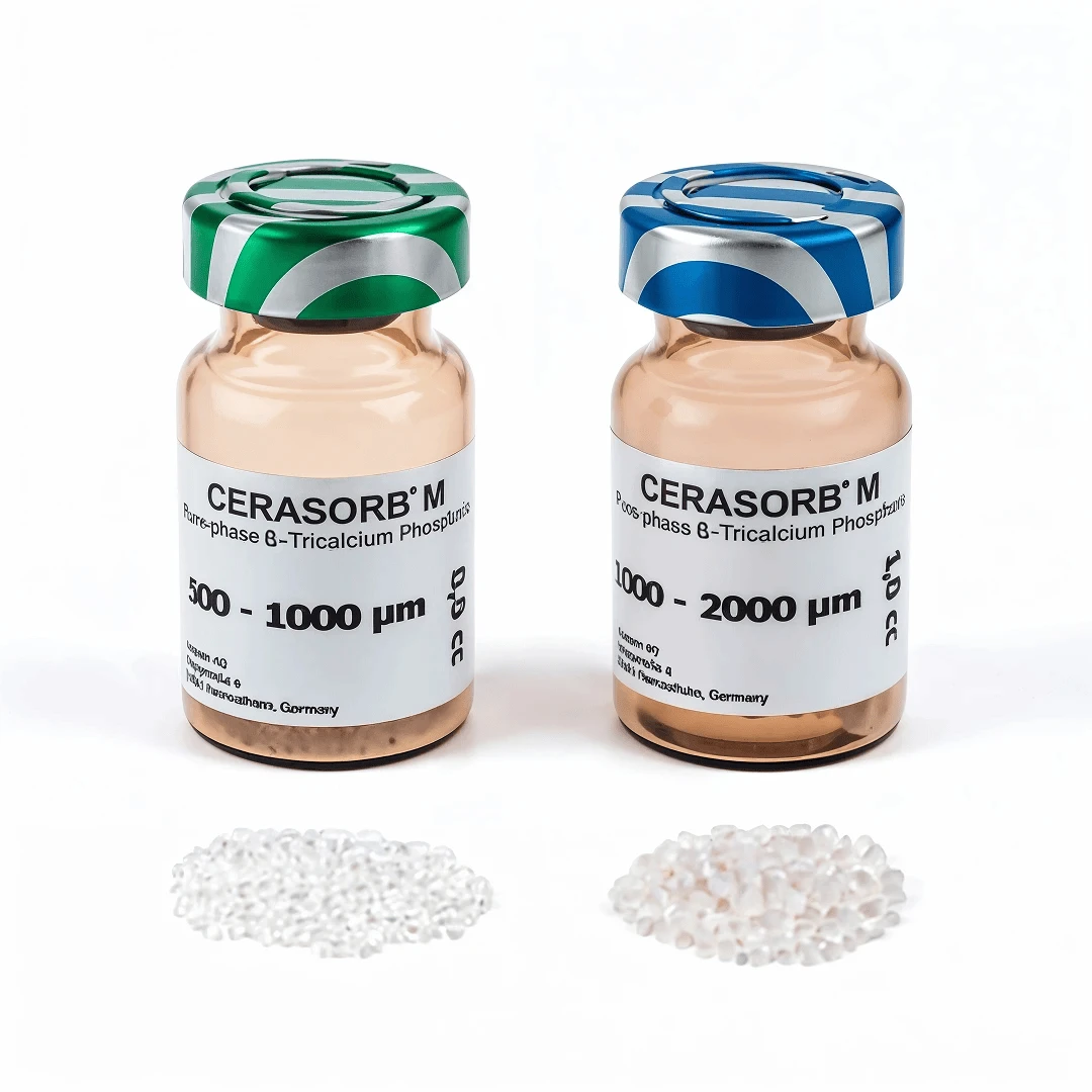 CERASORB M vials showing 500 to 1000 micron and 1000 to 2000 micron granule examples