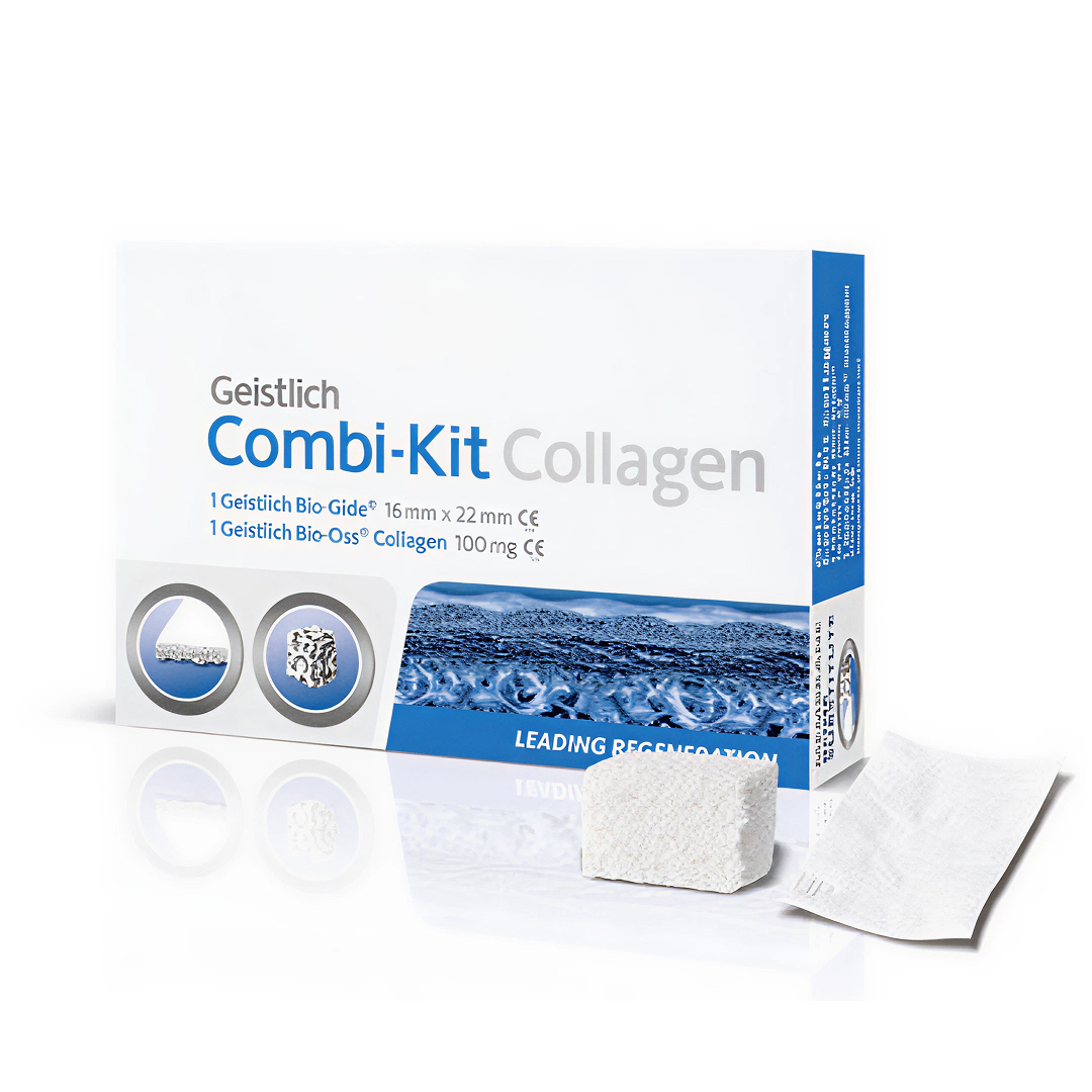 The Bio-Oss Collagen Combi-Kit and its box drop reflections.